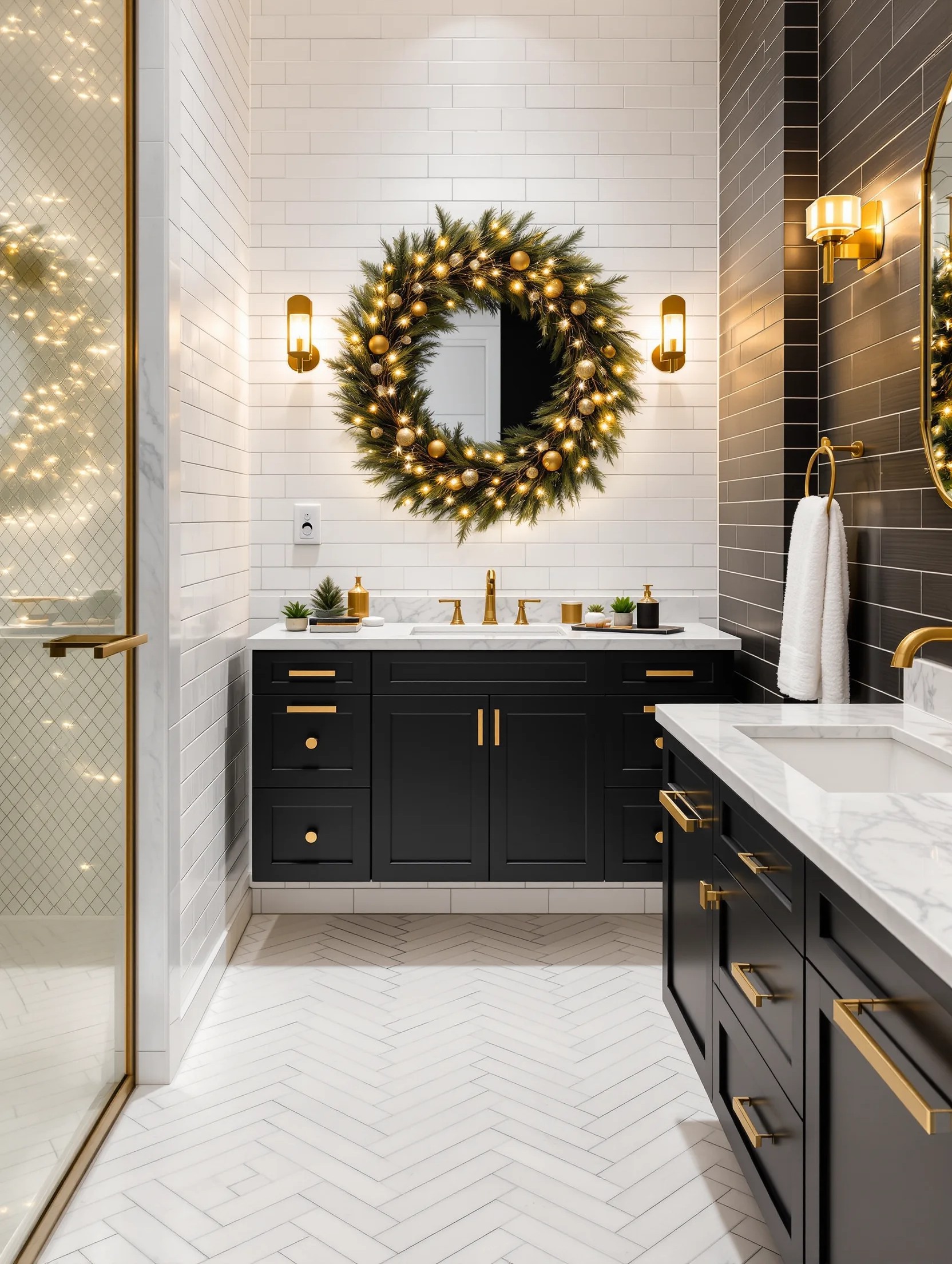 christmas bathroom aesthetics displaying holiday decorations premium fixtures dramatic lighting modern tile patterns